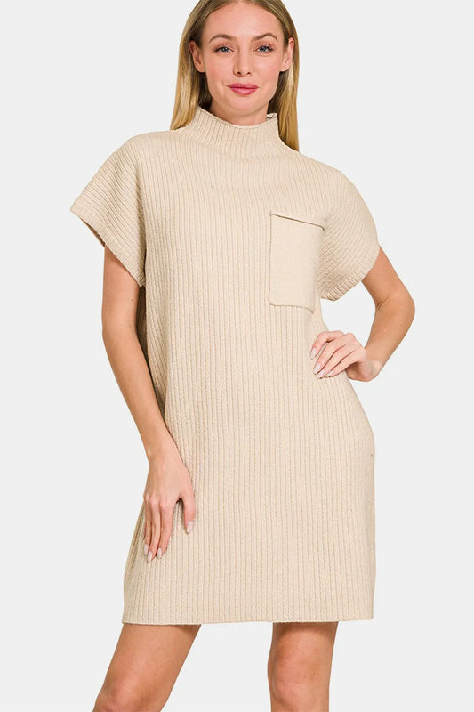 Short Sleeve Sweater Mini Dress - Sand Beige - product view 1