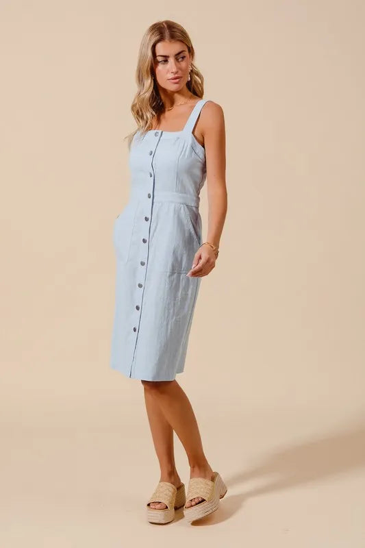 Button Down Pocket Front Pinafore Dress - Lt Denim - product view 4