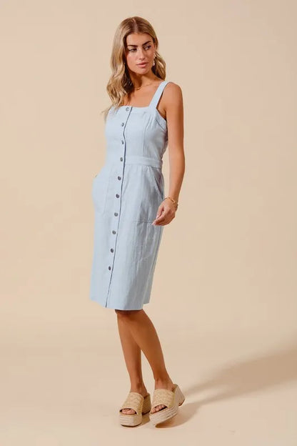 Button Down Pocket Front Pinafore Dress - Lt Denim - product view 4
