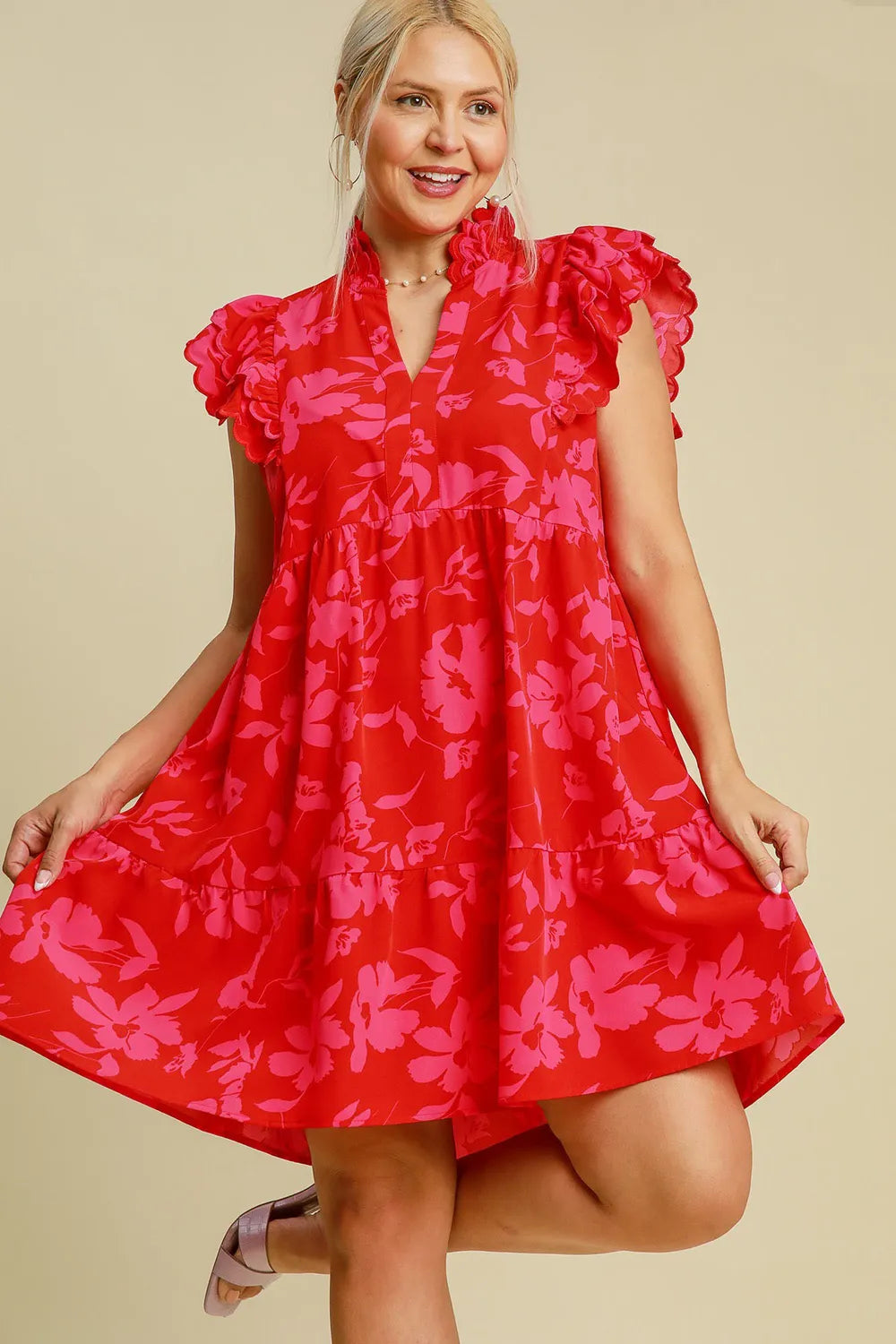 Full Size Two Tone Floral Print Ruffle Cap Sleeve Mini Dress Plus Size in Red - product view 5