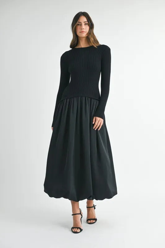 Ribbed Poplin Mix Midi Sweater Dress in Black - product view 3