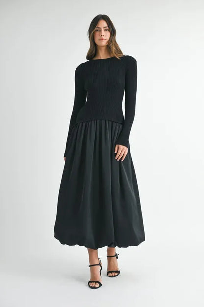 Ribbed Poplin Mix Midi Sweater Dress in Black - product view 3