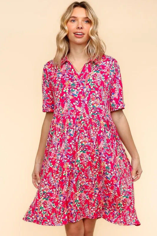 Johnny Collar Babydoll Dress with Side Pockets - Fuchsia - product view 2
