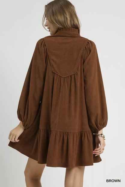 Corduroy Tiered Babydoll Dress in Brown - product view 4