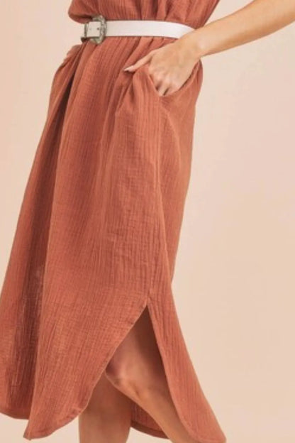Round Neck Midi Tank Dress with Pockets - Terracotta - product view 3