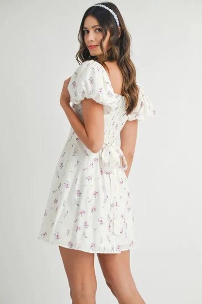 Floral Print Puff Sleeve Mini Dress - Off White - product view 3