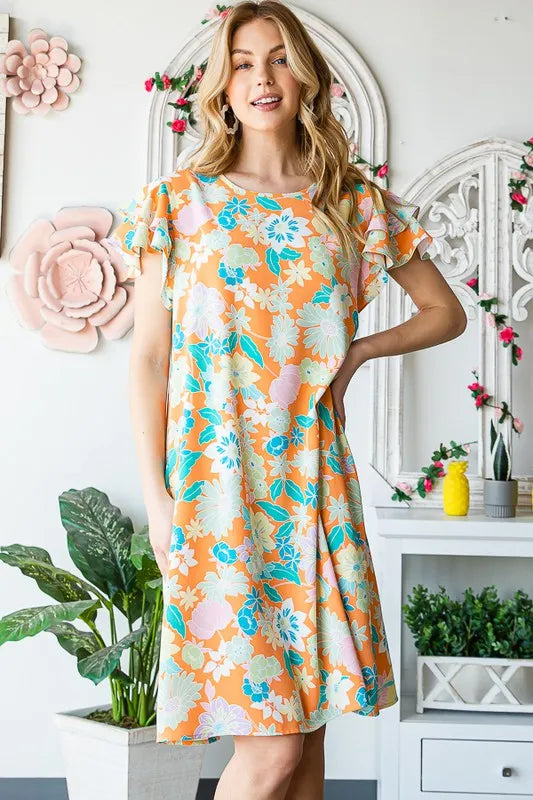 Full Size Ruffled Short Sleeve Floral Mini Dress Plus Size in Orange - product view 9