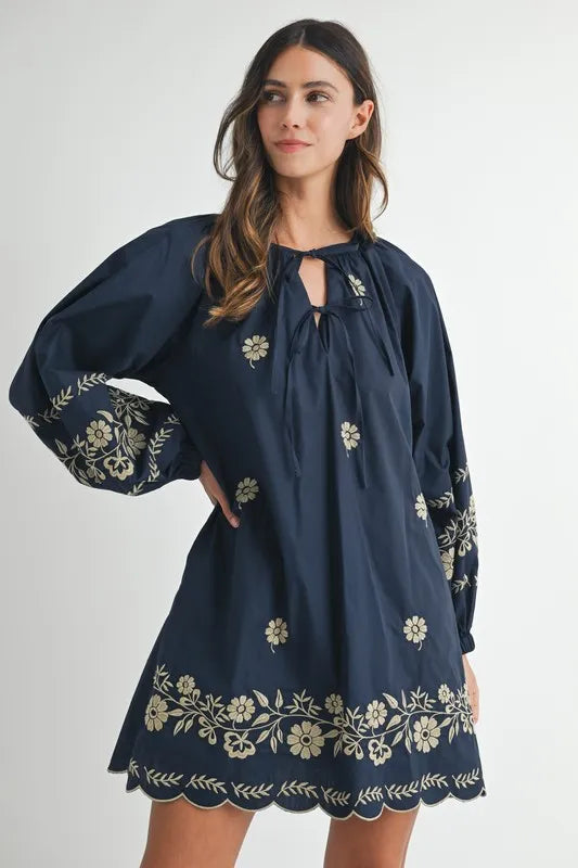 Embroidered Long Sleeve Peasant Mini Dress in Navy - product view 1