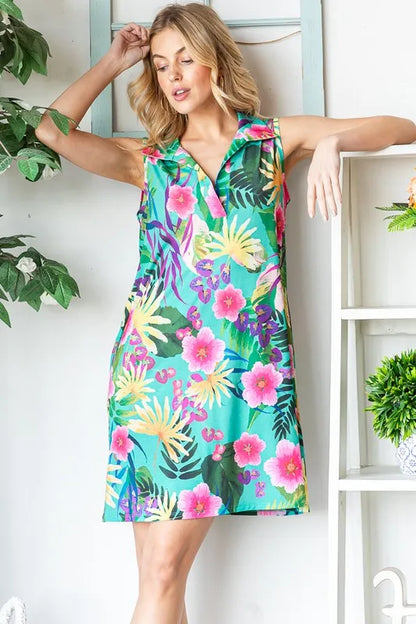 Full Size Floral Johnny Collar Sleeveless Dress Plus Size in Green - product view 13