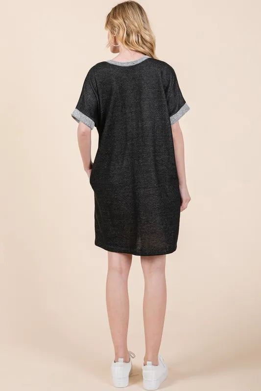 Casual Contrast Trim Henley Dress - Black - product view 3