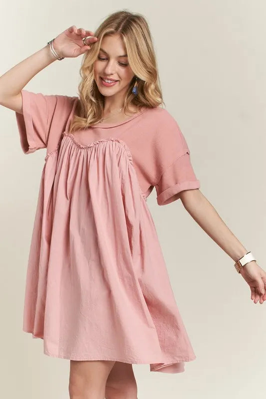 Round Neck Half Sleeve Babydoll Dress in Dusty Pink - product view 1