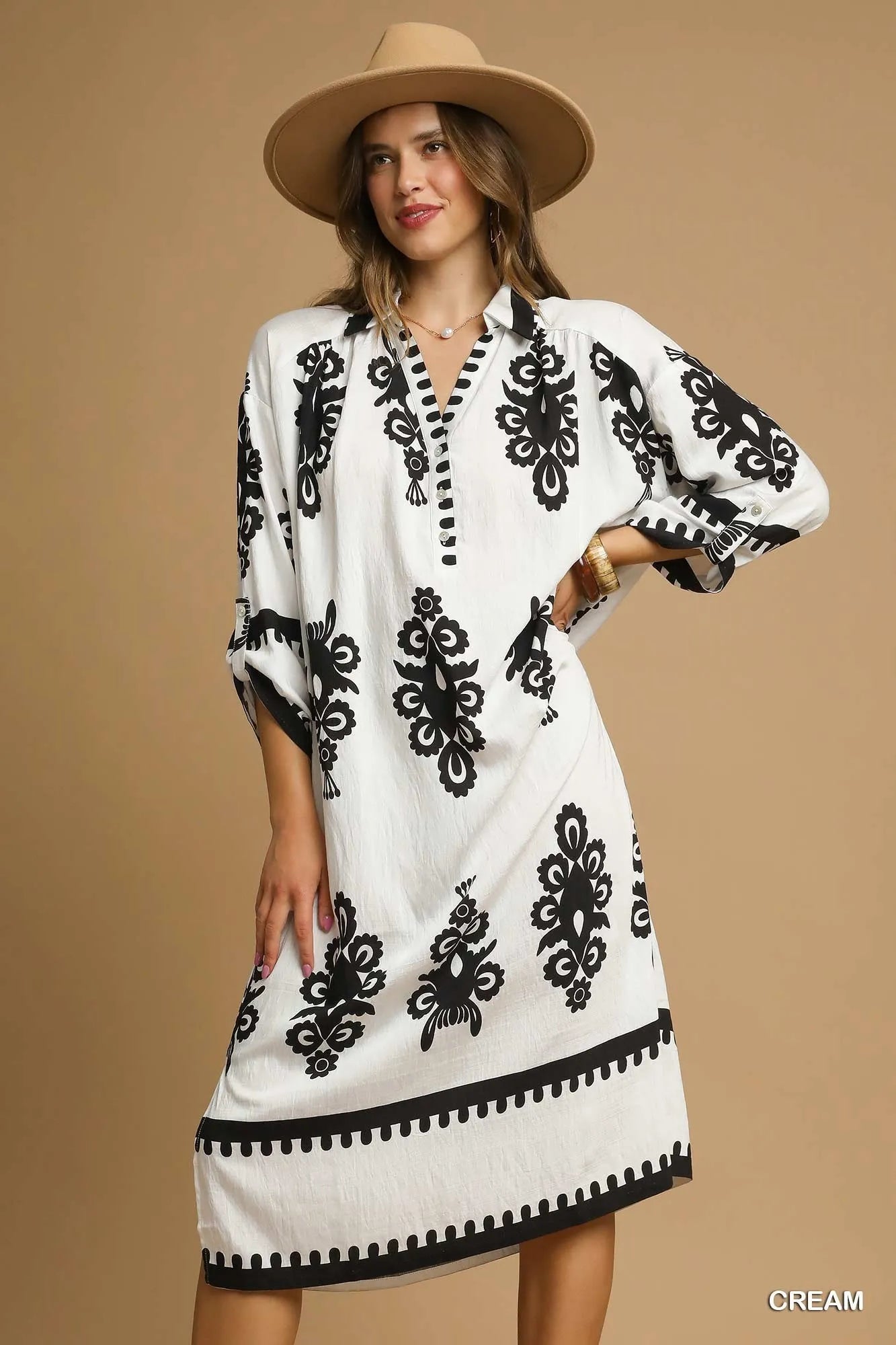 Abstract Print Midi Dress in Cream - product view 1