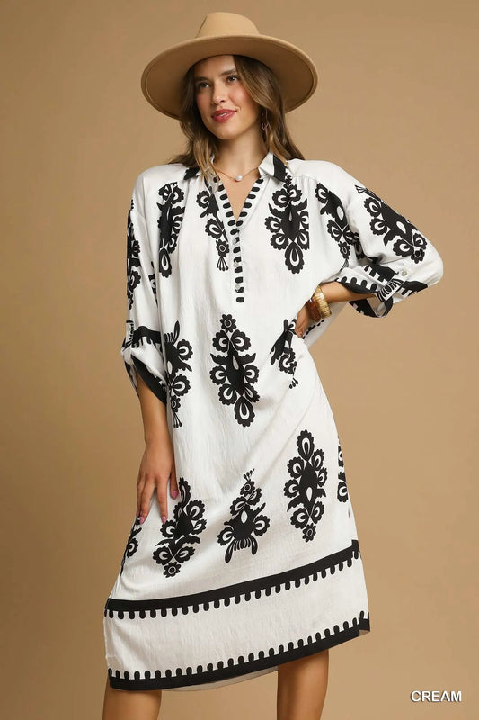 Abstract Print Midi Dress in Cream - product view 1