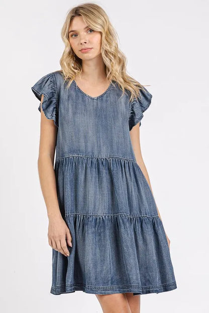 V-Neck Ruffled Cap Sleeve Mini Dress in Dk Denim - product view 2