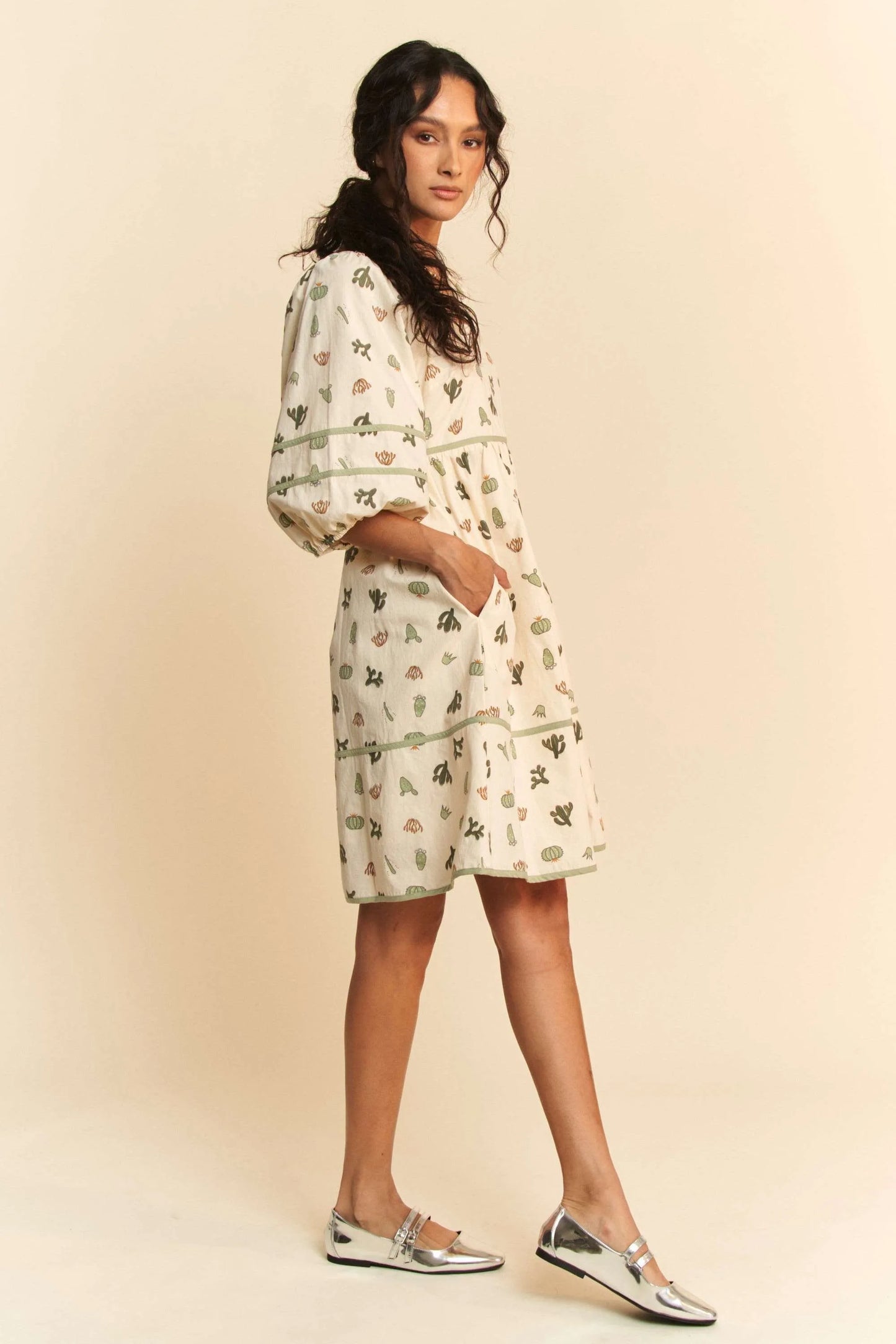 Cactus Printed Poplin Contrast Piping Mini Dress in Cream/Green - product view 9