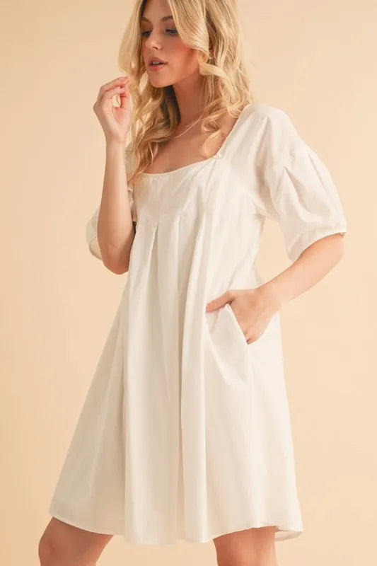 Square Neck Babydoll Dress with Pockets - White - product view 5