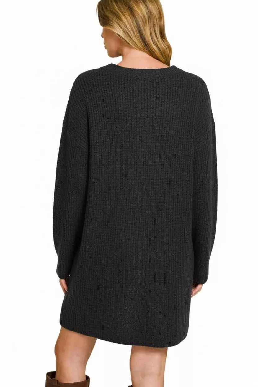 V-Neck Long Sleeve Ribbed Sweater Dress in Black - product view 3