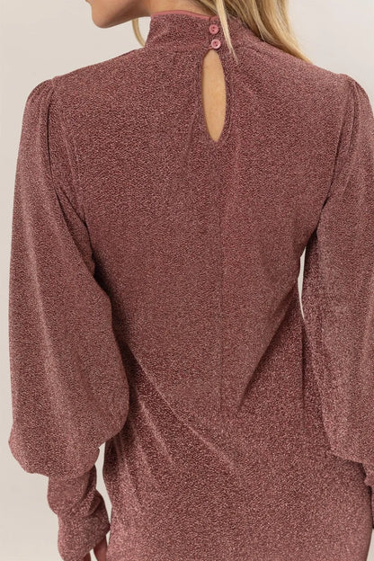 Glitter Mock Neck Long Sleeve Mini Dress - Rose - product view 5