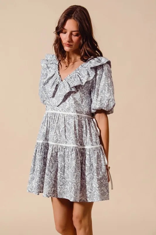 Cotton Printed Ruffle V Neckline Dress with Side Tie in Off White/Navy - product view 8