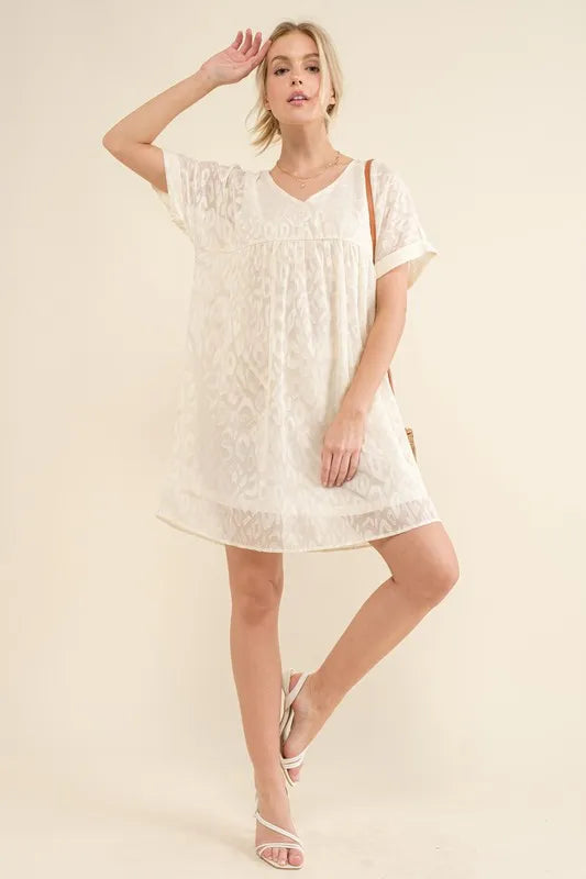 Woven Leopard Baby Doll Roll-Sleeve Casual Dress - White - product view 3