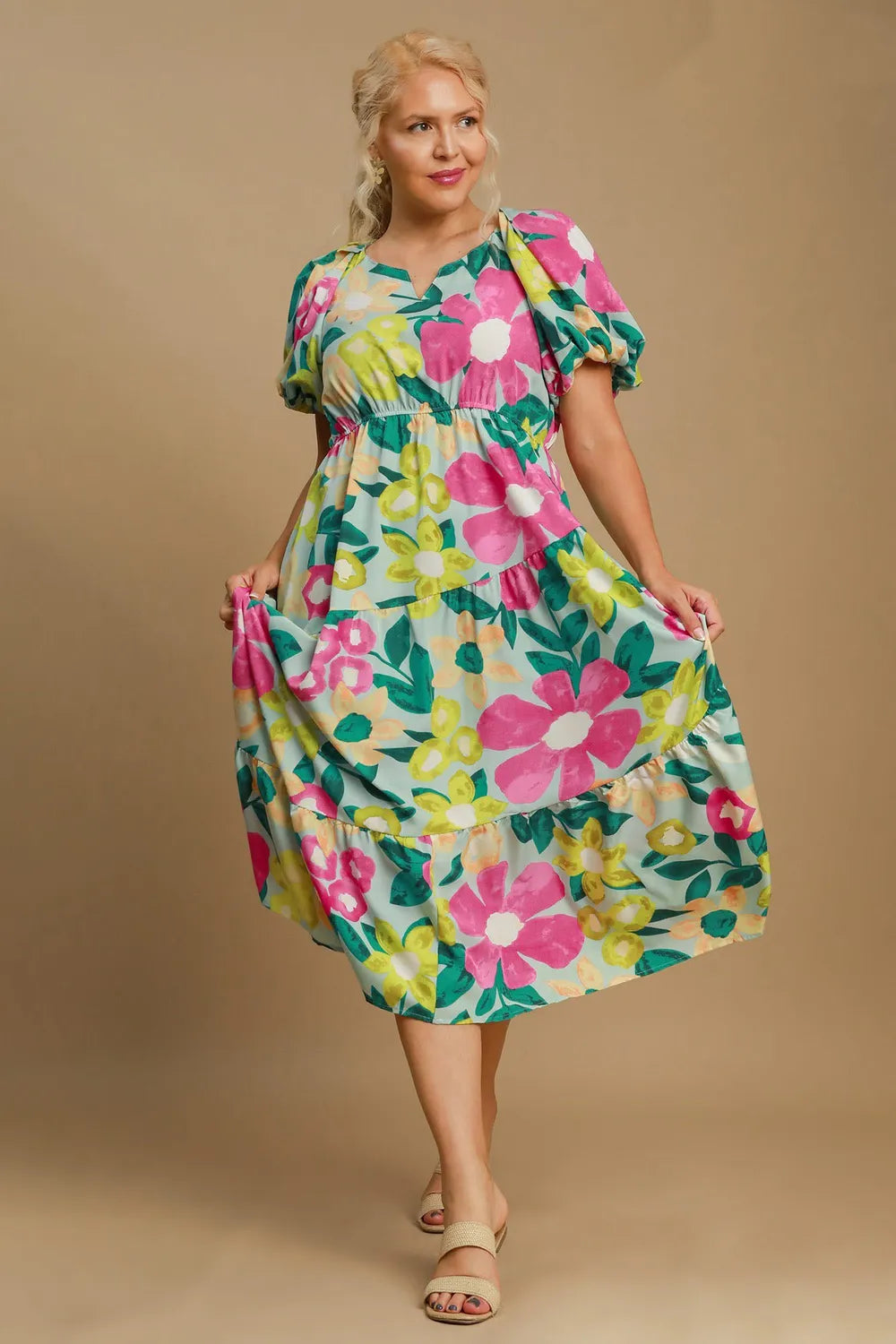 Full Size Tiered Floral Print Notched Puff Sleeve Midi Dress Plus Size - Mintmix - product view 4
