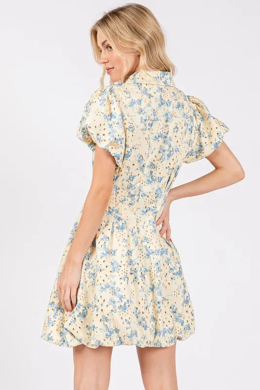 Floral Eyelet Zipper Front Puff Sleeve Mini Dress in Pastel Blue - product view 3