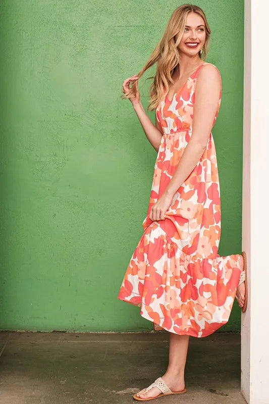 Sleeveless Floral Print V-Neck Midi Dress in Orange - product view 3