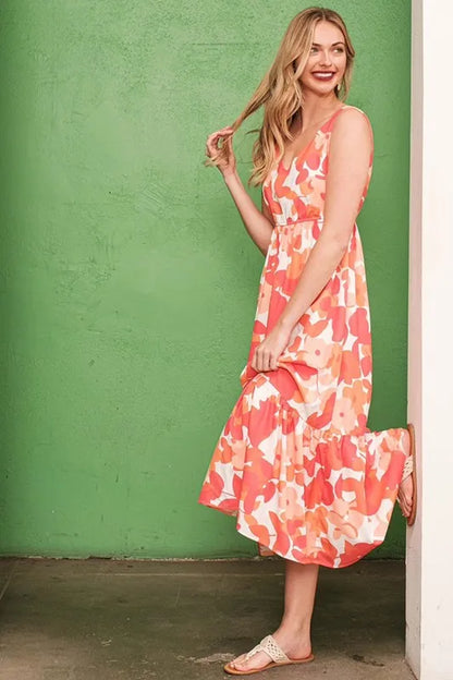 Sleeveless Floral Print V-Neck Midi Dress in Orange - product view 3