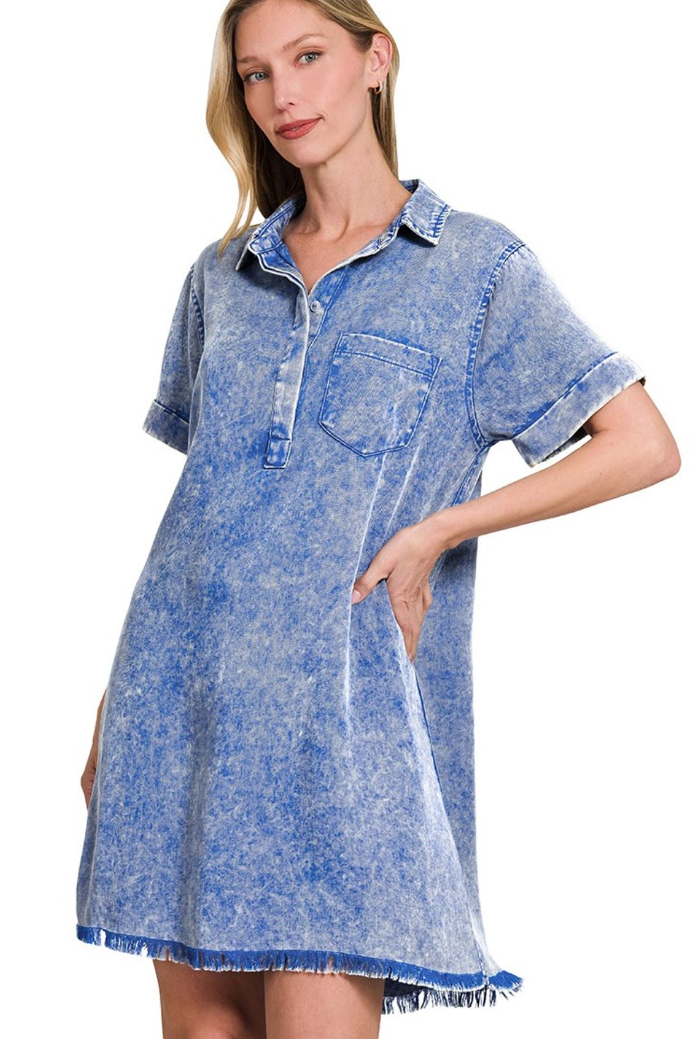 Tencel Mineral Washed Collared Shirts Dress - Classic Blue - product view 4
