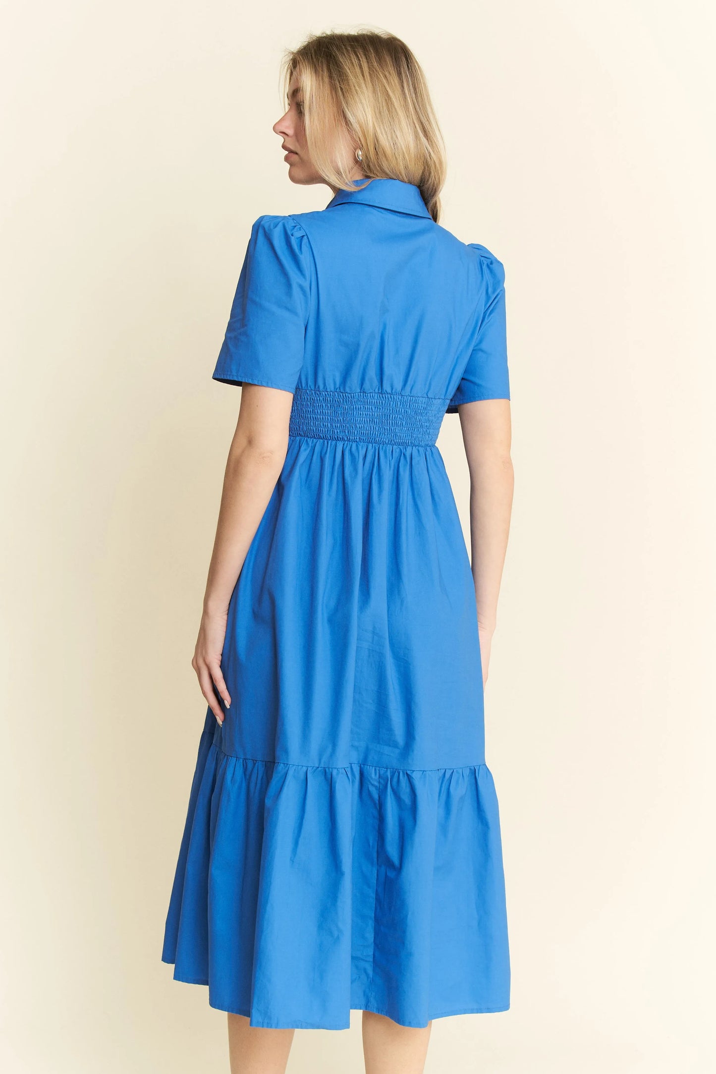 Short Sleeve Button Down Midi Dress in Blue - product view 4