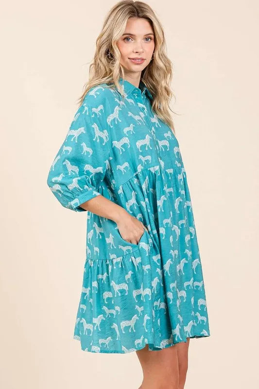 Zebra Print Button Down Shirt Mini Dress - Seagreen - product view 4