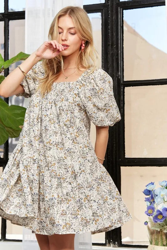 Floral Square Neck Puff Sleeve Dress - Light Blue - product view 6
