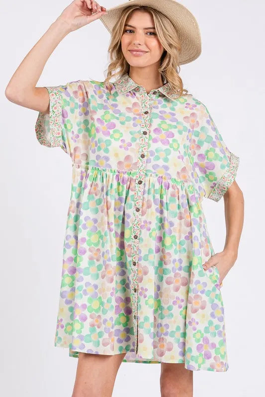 Floral Babydoll Short Sleeves Dress in Gum Leaf - product view 1