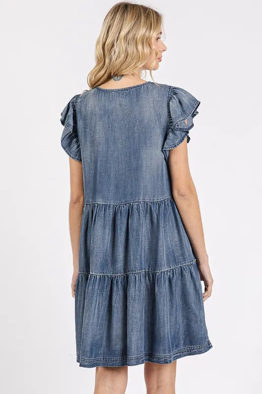 V-Neck Ruffled Cap Sleeve Mini Dress in Dk Denim - product view 4