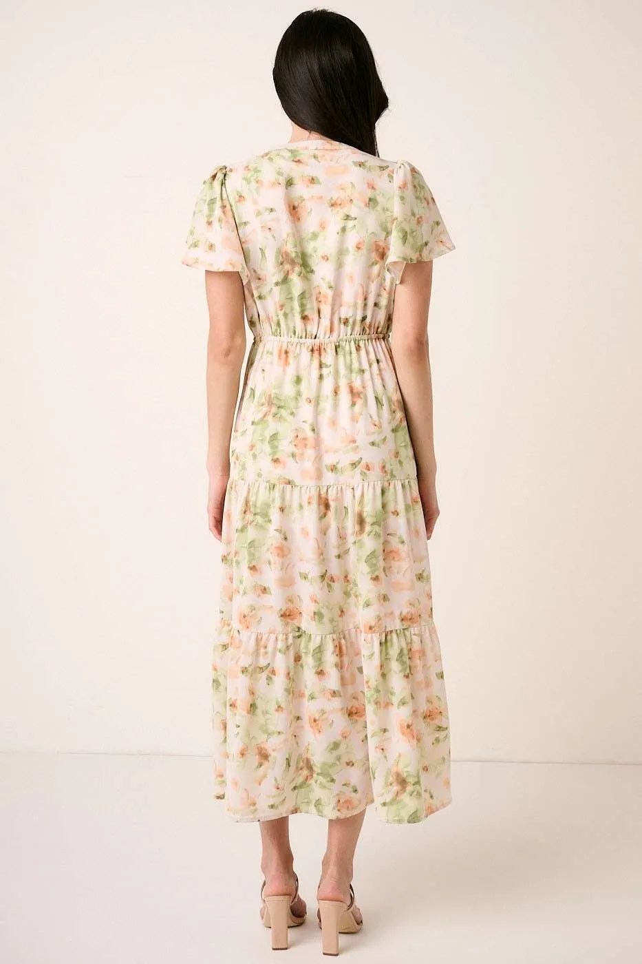 Flower Print Flutter Sleeve V Slit Maxi Dress - Sage - product view 5