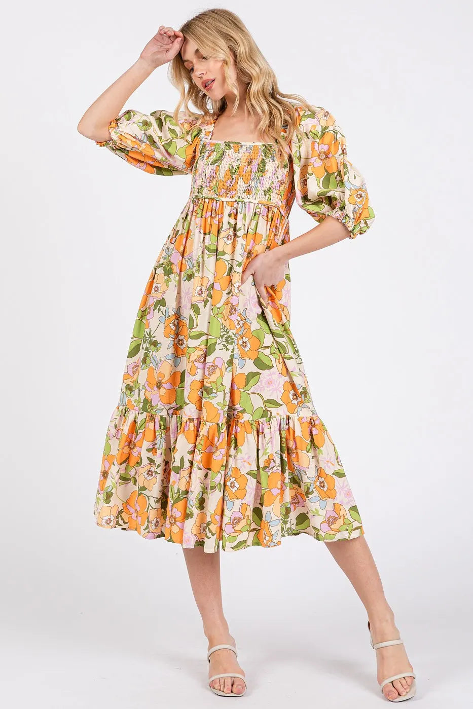 Flower Print Puff Sleeve Ruffle Smocked Midi Dress - Orange - product view 3