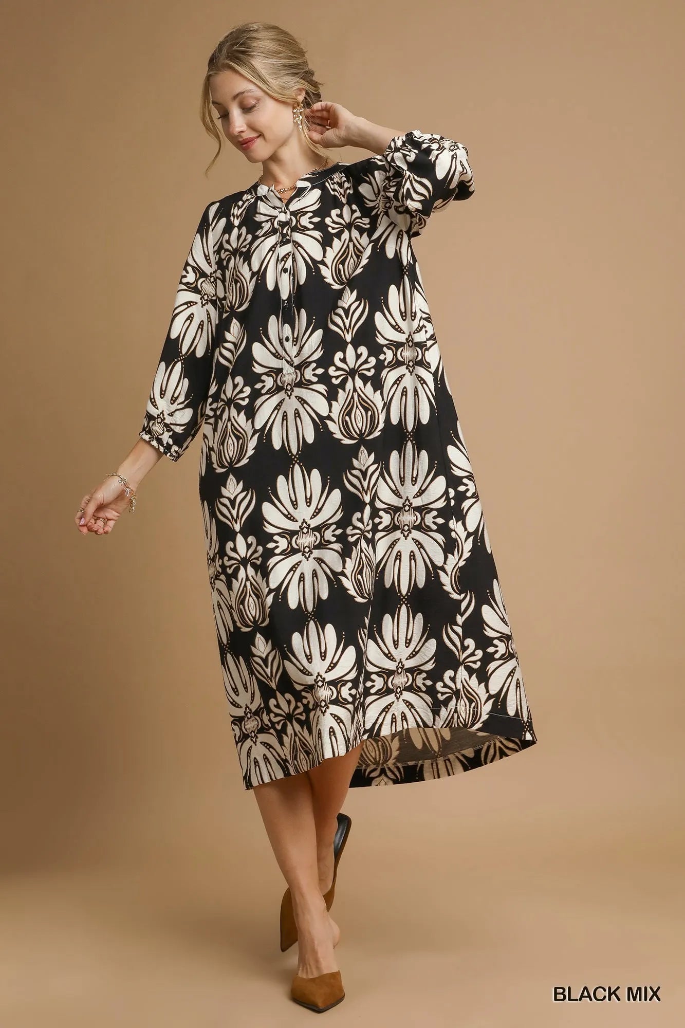 Mix Abstract Floral Print Midi Dress - Black Mix - product view 3