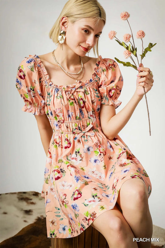Floral Print Puff Sleeve Mini Dress - Peach Mix - product view 1