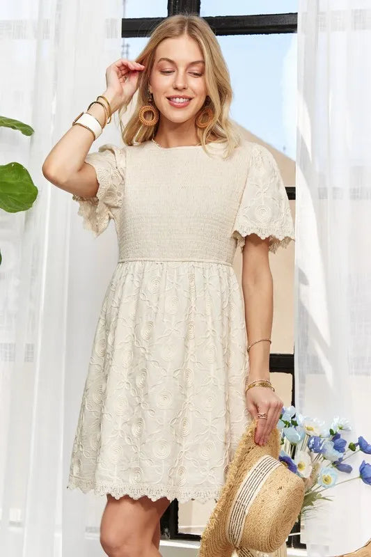 Rround Neck Crinkle Babydoll Dress in Beige - product view 1