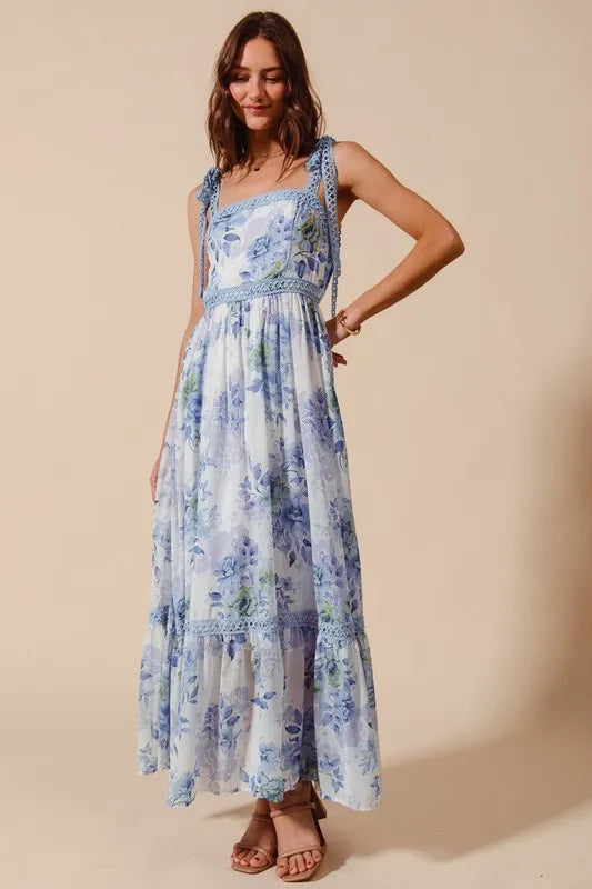 Floral Print Flowy Maxi Dress with Lace Ribbon Tie in Off White/Blue - product view 5