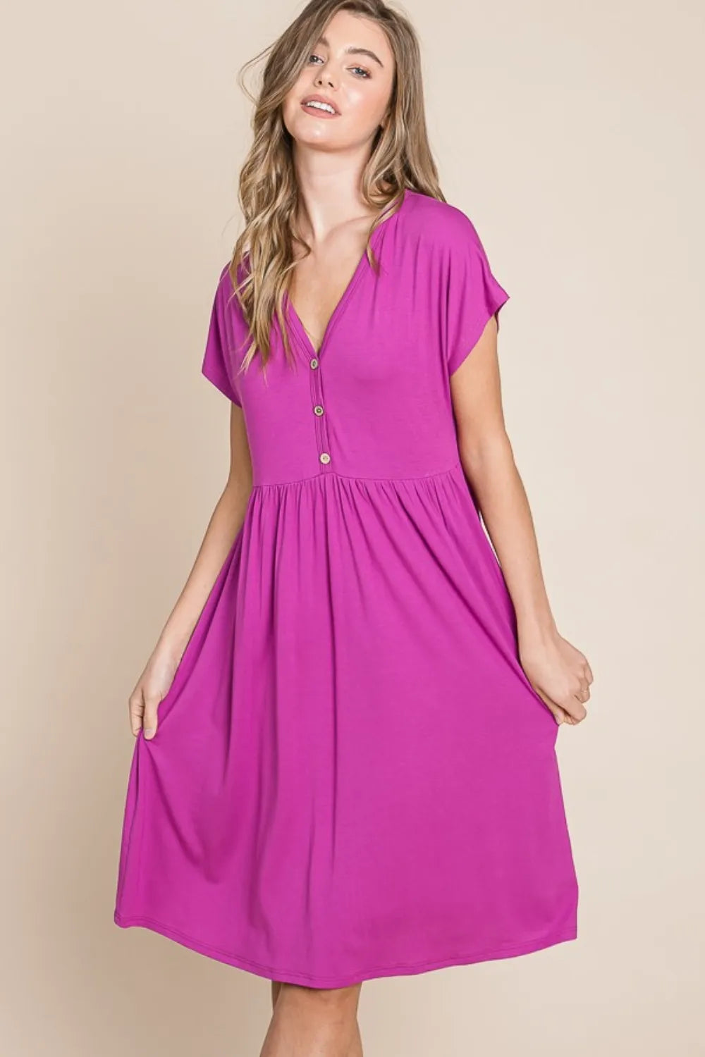 V-Neck Short Sleeve Dress - Magenta - product view 1