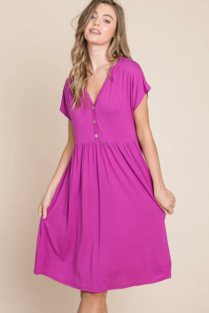 V-Neck Short Sleeve Dress - Magenta - product view 1
