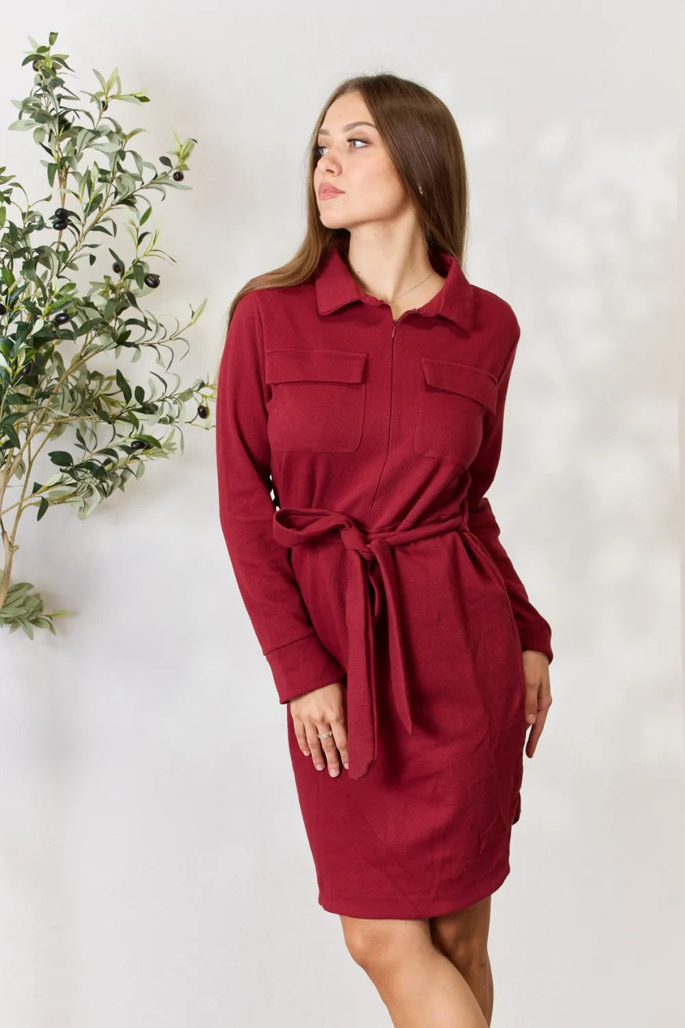 Full Size Tie Front Half Zip Long Sleeve Shirt Dress in Burgundy - product view 7