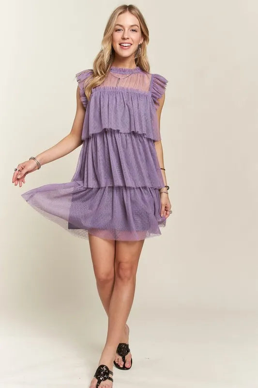 Layered Ruffled Cap Sleeve Mesh Dress in Mauve - product view 5