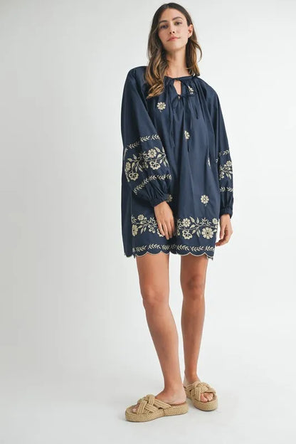 Embroidered Long Sleeve Peasant Mini Dress in Navy - product view 12