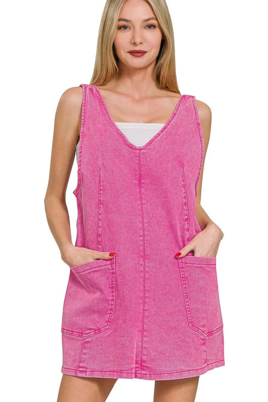 Washed Adjustable Strap Denim Overall Dress - Hot Pink - product view 1