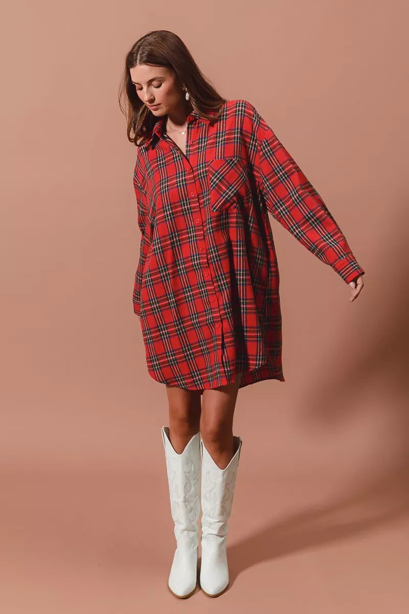 Christmas Checker Plaid Button Up Shirt Dress in Red Multi - product view 7