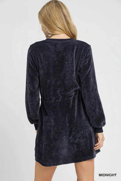 Velour Drawstring Mini Dress with Long Sleeves - Midnight - product view 3