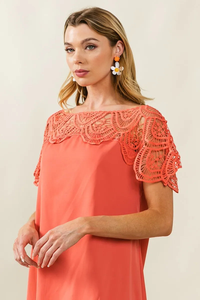 Crochet Lace Yoke Detailed Wrinkled Dress - Apricot - product view 1