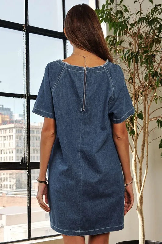 Raw Hem Mini Denim Dress with Pockets in Dark - product view 7